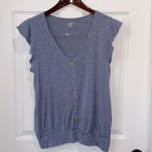 LOFT Vneck Banded Bottom Flutter Sleeve Top Gray Faux Buttons Medium